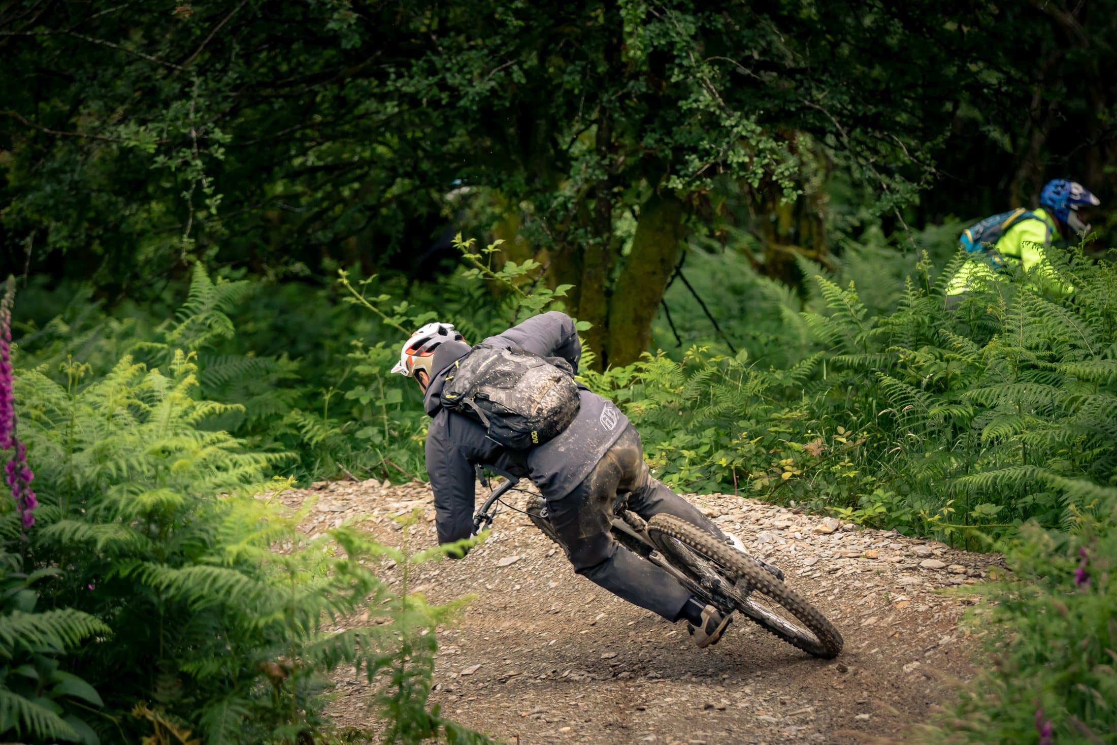 Rider leaning hard into a corner surrounded by bracken