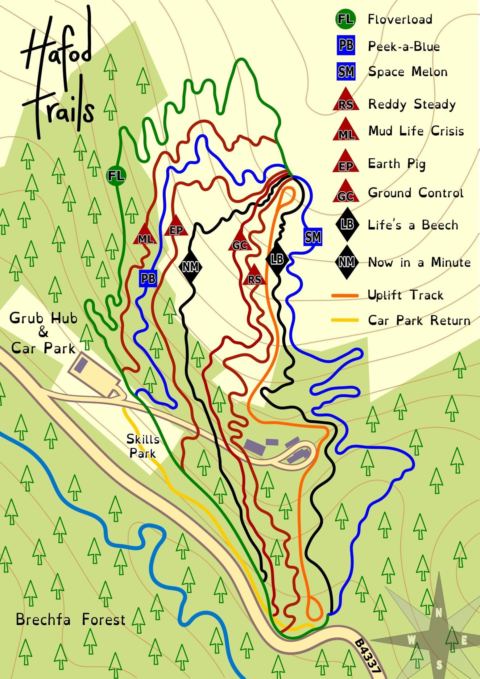 Hand-drawn map of Hafod Trails showing all nine runs colour-coded by grade, the uplift track, skills park and car park